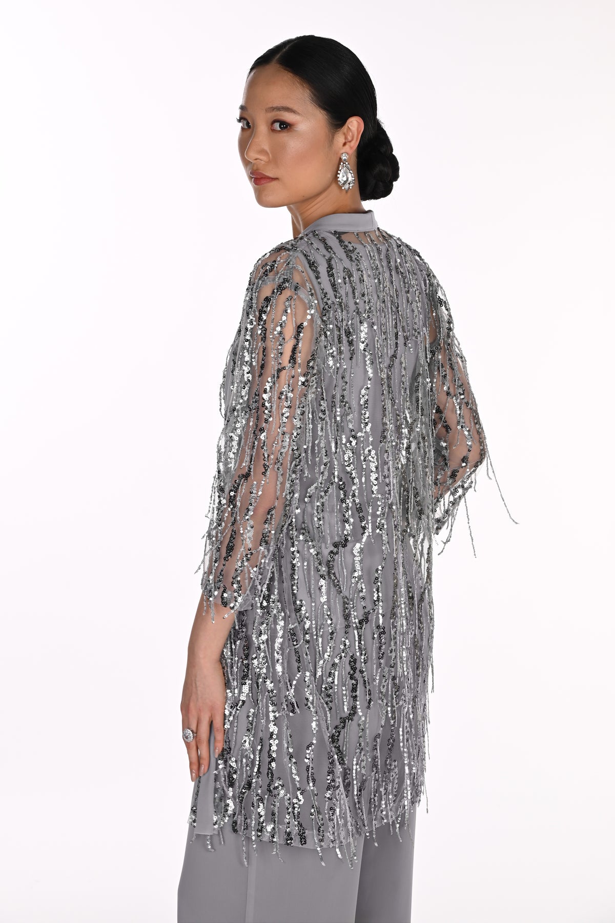 Frank Lyman Women’s Long Sequin Knit Jacket 269314 – Iceberg Grey