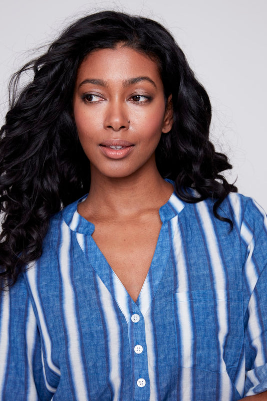 Charlie B Printed Half-Button Blouse C4188D-884B-P474 Stripes