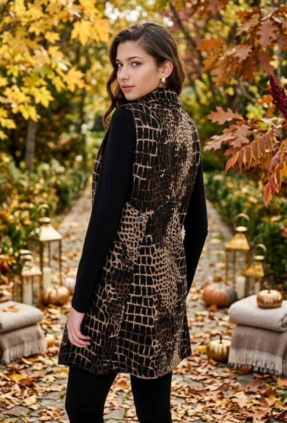 Frank Lyman Women’s Longline Animal Print Vest 263214 – Black/Choco