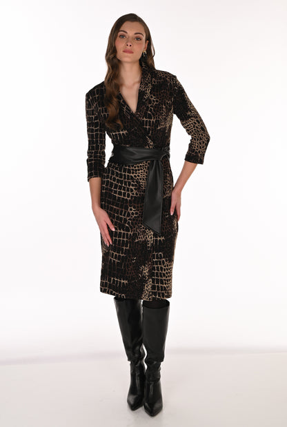 Frank Lyman Women's Animal Print Wrap Dress 263215 – Black/Choco