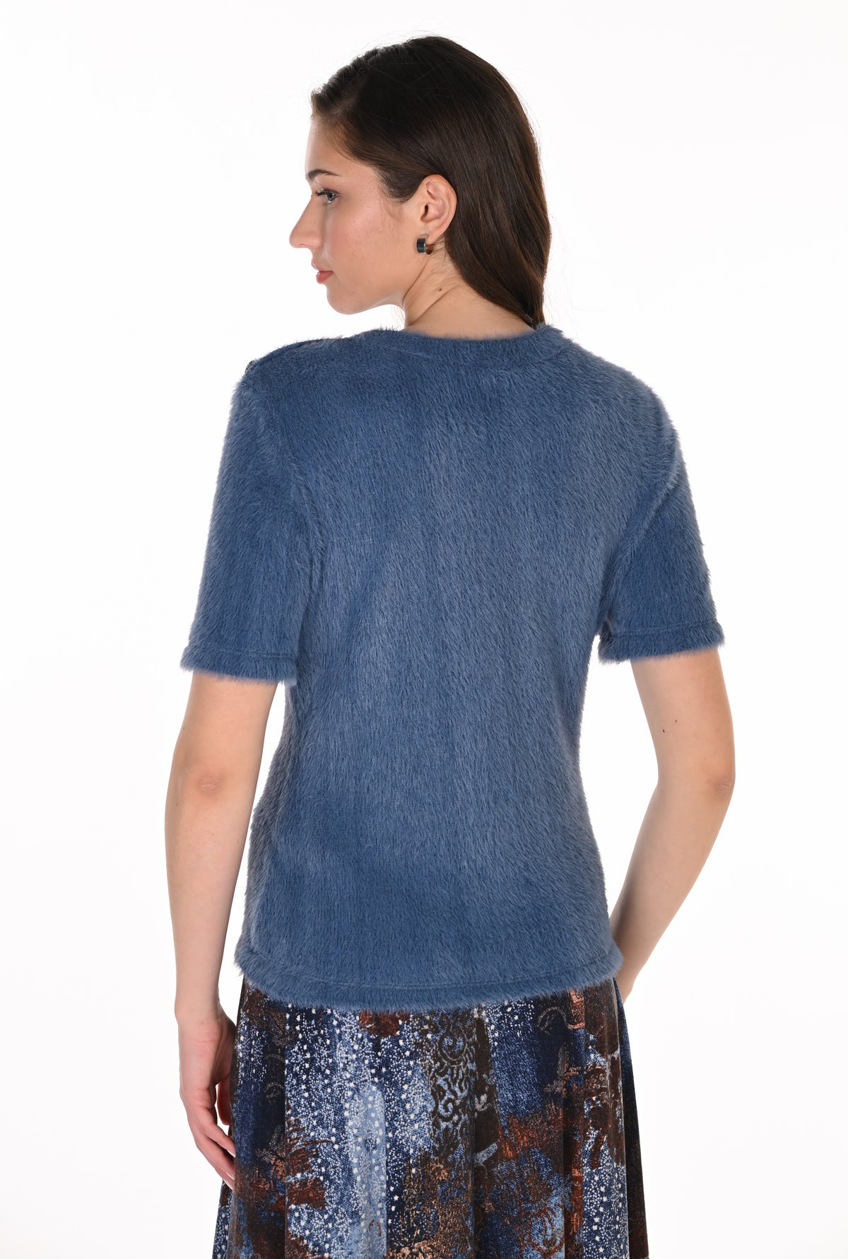 Frank Lyman Women’s Fuzzy Knit Top with Shoulder Buttons 263322 – Blue