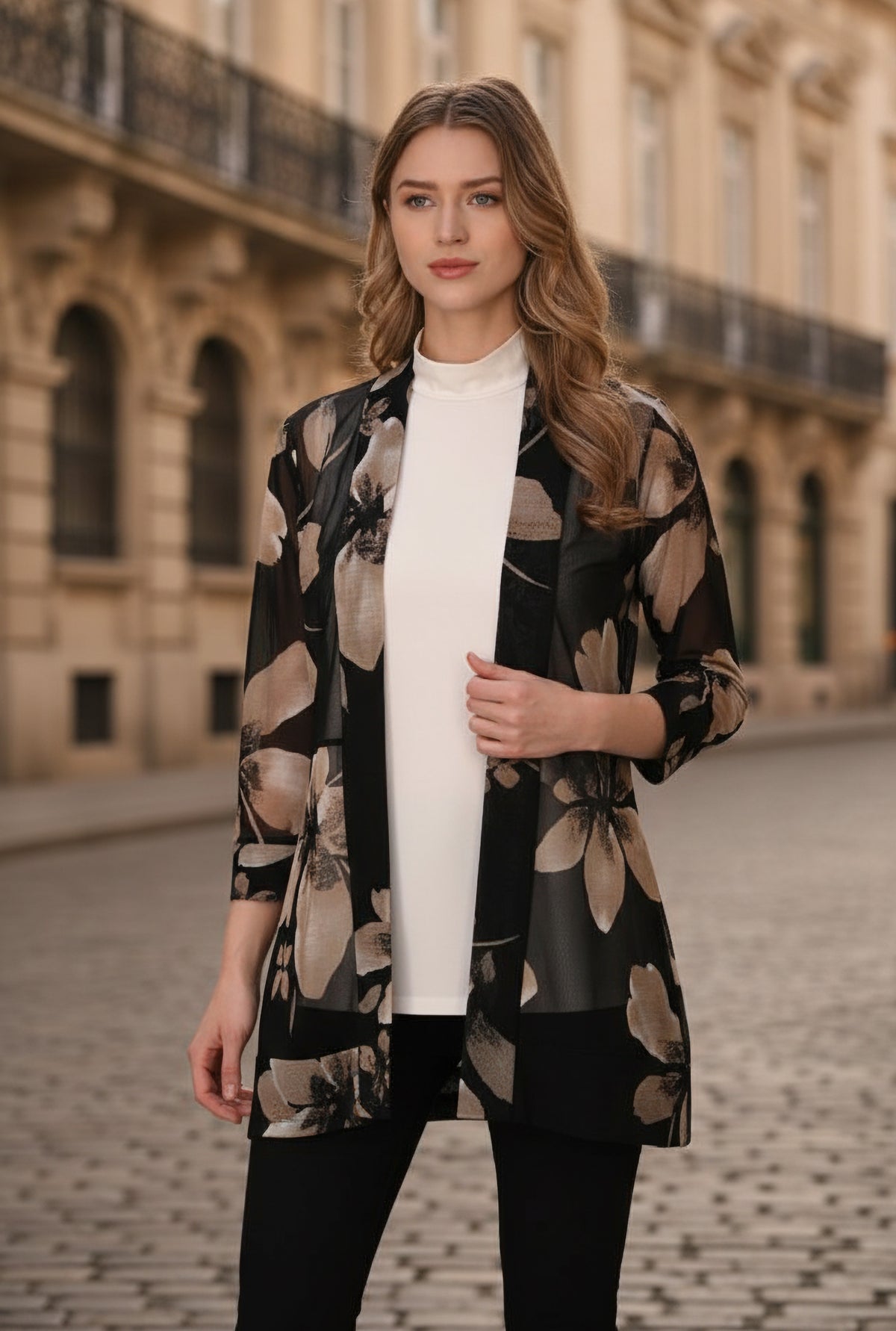 Frank Lyman Women’s Sheer Floral Knit Throw-Over 263438 – Black/Taupe