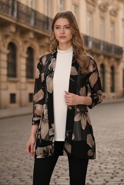 Frank Lyman Women’s Sheer Floral Knit Throw-Over 263438 – Black/Taupe