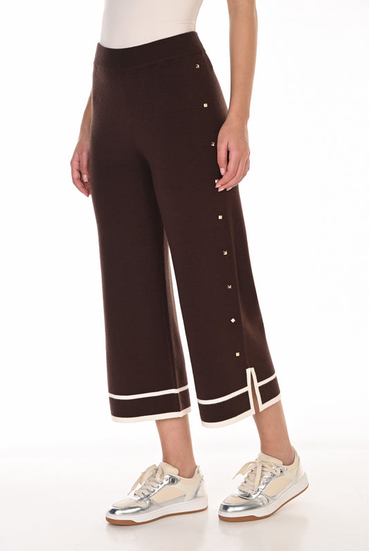 Frank Lyman Women's Cropped Wide-Leg Knit Pant 263764 – Mocha/Off-White