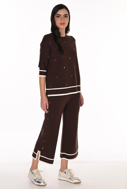Frank Lyman Women's Cropped Wide-Leg Knit Pant 263764 – Mocha/Off-White