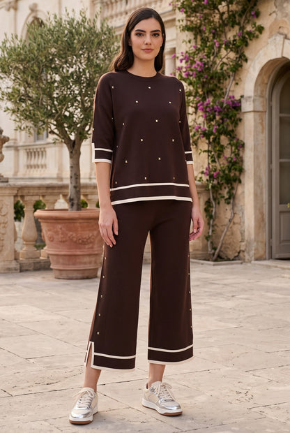 Frank Lyman Women's Cropped Wide-Leg Knit Pant 263764 – Mocha/Off-White