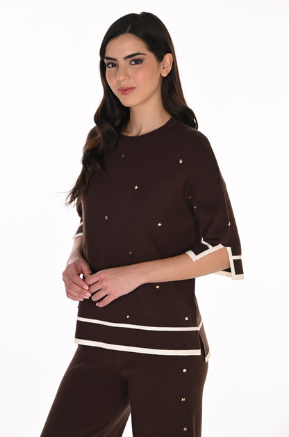 Frank Lyman Women's Boxy Studded Sweater 263765 – Mocha/Off-White