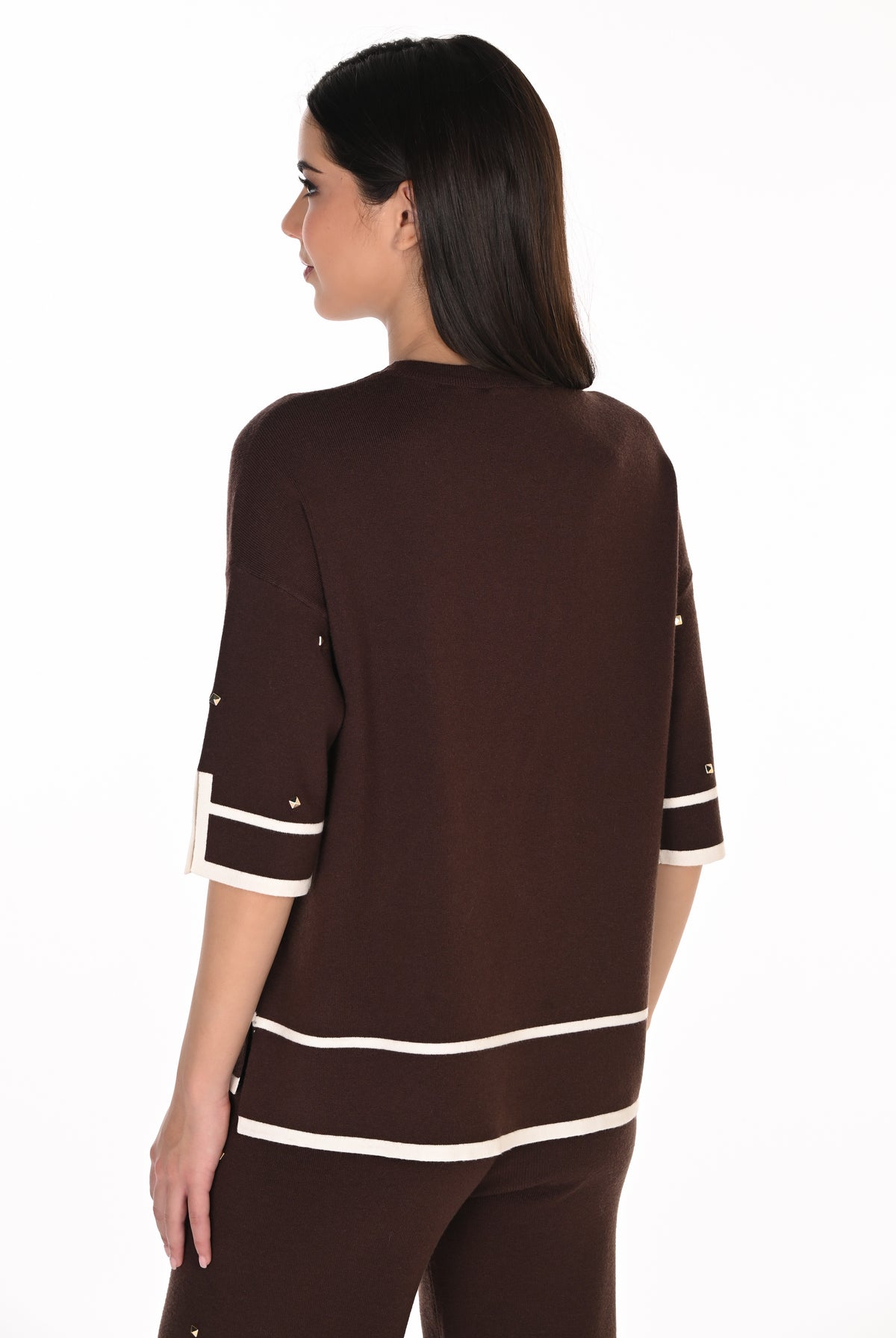 Frank Lyman Women's Boxy Studded Sweater 263765 – Mocha/Off-White