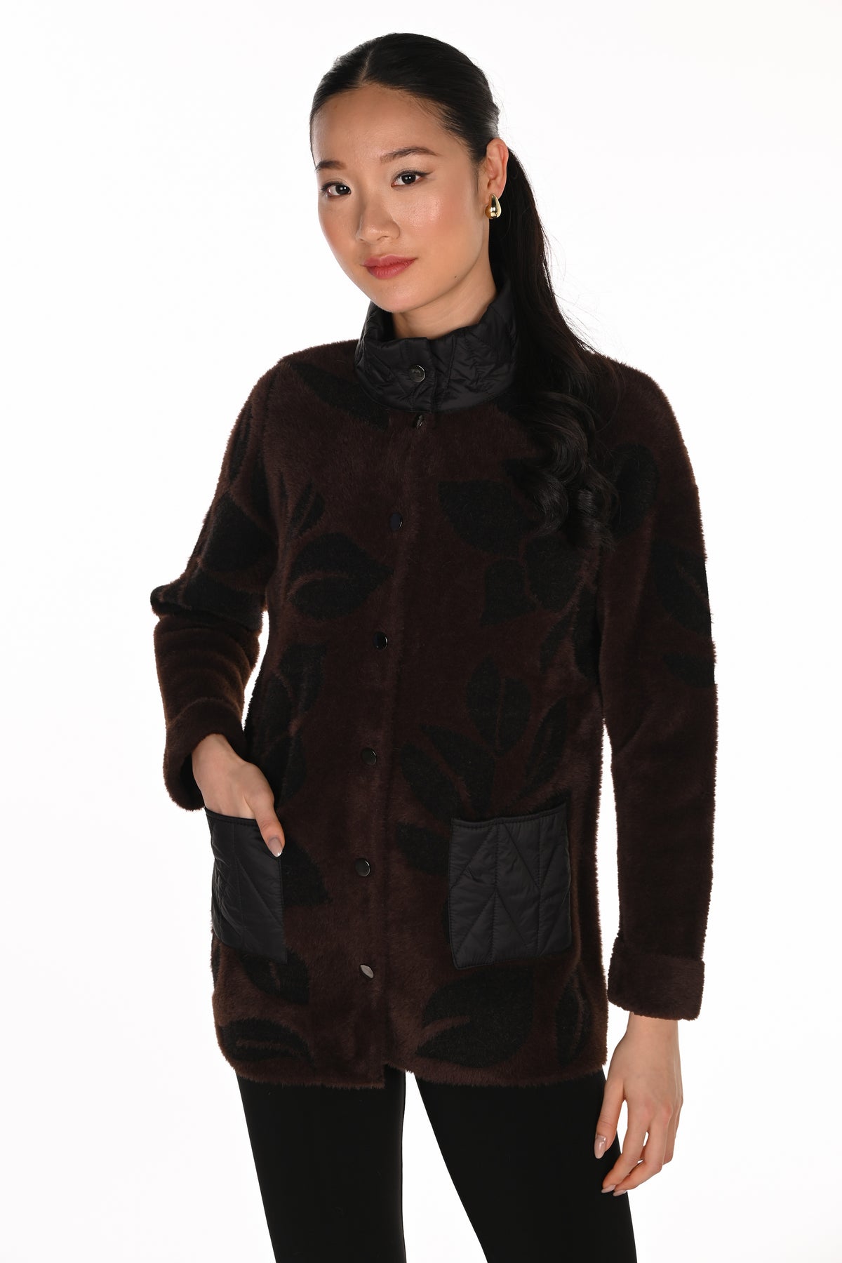 Frank Lyman Women's Leaf Pattern Knit Jacket 263794 – Brown/Black