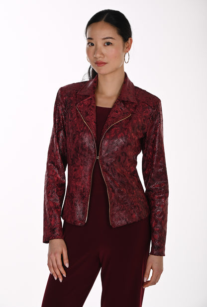 Frank Lyman Women’s Snake Print Zip Knit Jacket 264120 – Burgundy