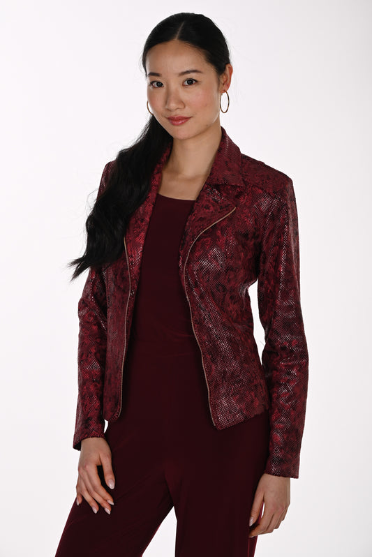 Frank Lyman Women’s Snake Print Zip Knit Jacket 264120 – Burgundy