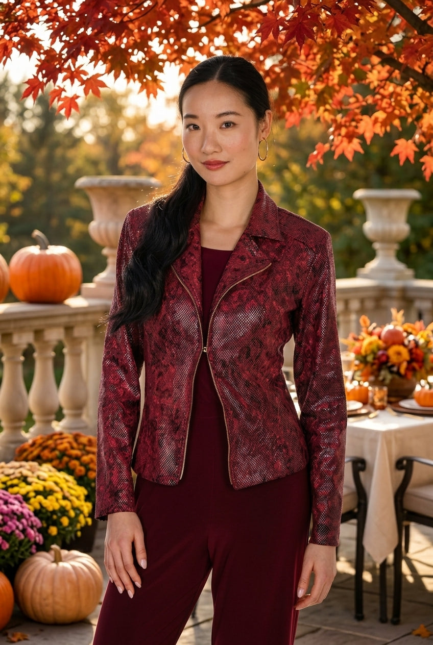 Frank Lyman Women’s Snake Print Zip Knit Jacket 264120 – Burgundy