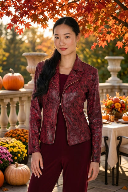 Frank Lyman Women’s Snake Print Zip Knit Jacket 264120 – Burgundy