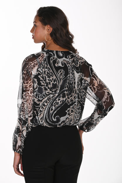 Frank Lyman Women’s Sheer Floral Keyhole Top 264146 – Black/Beige
