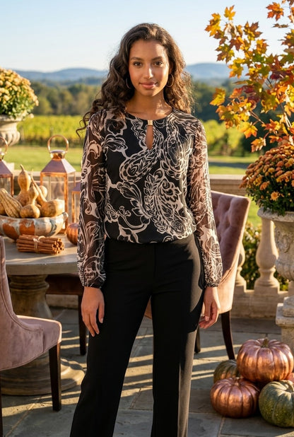 Frank Lyman Women’s Sheer Floral Keyhole Top 264146 – Black/Beige