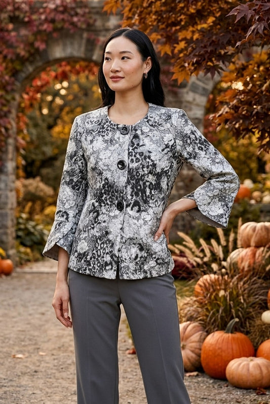 Frank Lyman Women’s Floral Print Knit Jacket 264167 – Grey/Black