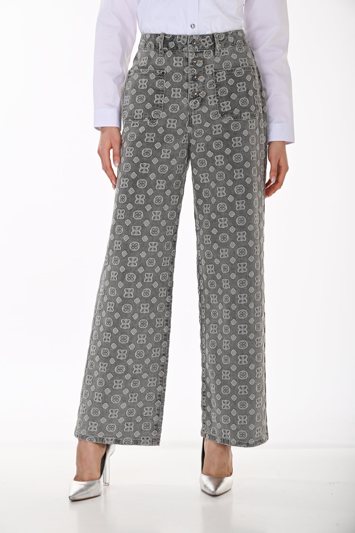 Frank Lyman Women’s Printed Wide-Leg Jeans 264808 – Grey