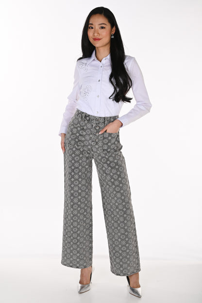 Frank Lyman Women’s Printed Wide-Leg Jeans 264808 – Grey