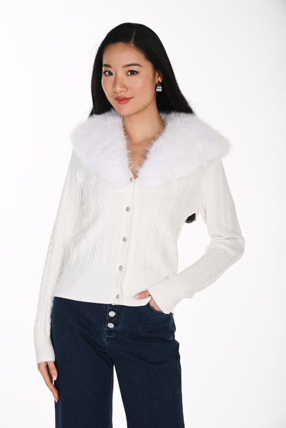 Frank Lyman Women's Cable Knit Cardigan with Faux Fur Collar 264842 – Off-White