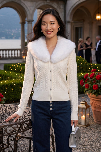 Frank Lyman Women's Cable Knit Cardigan with Faux Fur Collar 264842 – Off-White