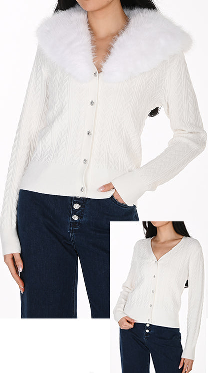 Frank Lyman Women's Cable Knit Cardigan with Faux Fur Collar 264842 – Off-White