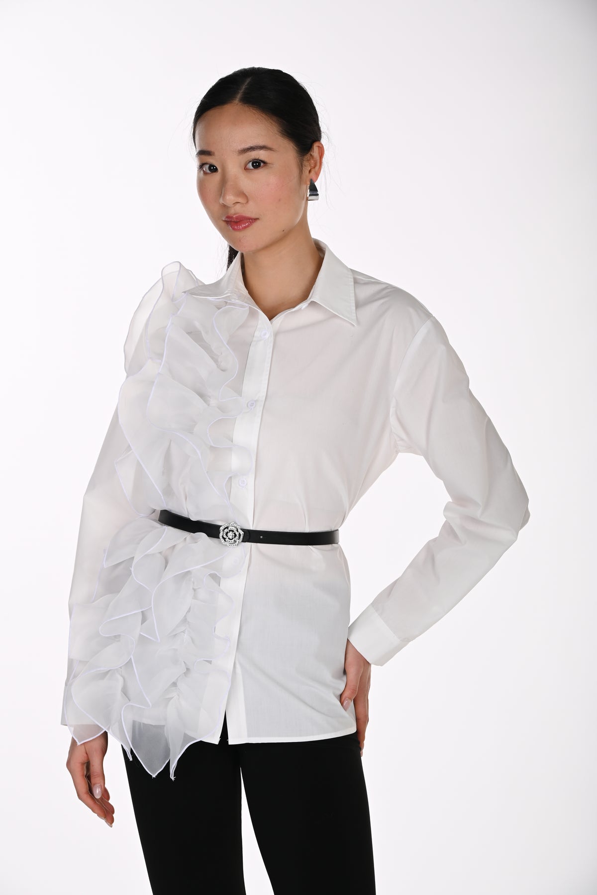 Frank Lyman Women's Organza Ruffle Belted Blouse 264843 – Off-White