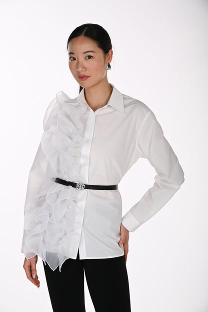 Frank Lyman Women's Organza Ruffle Belted Blouse 264843 – Off-White