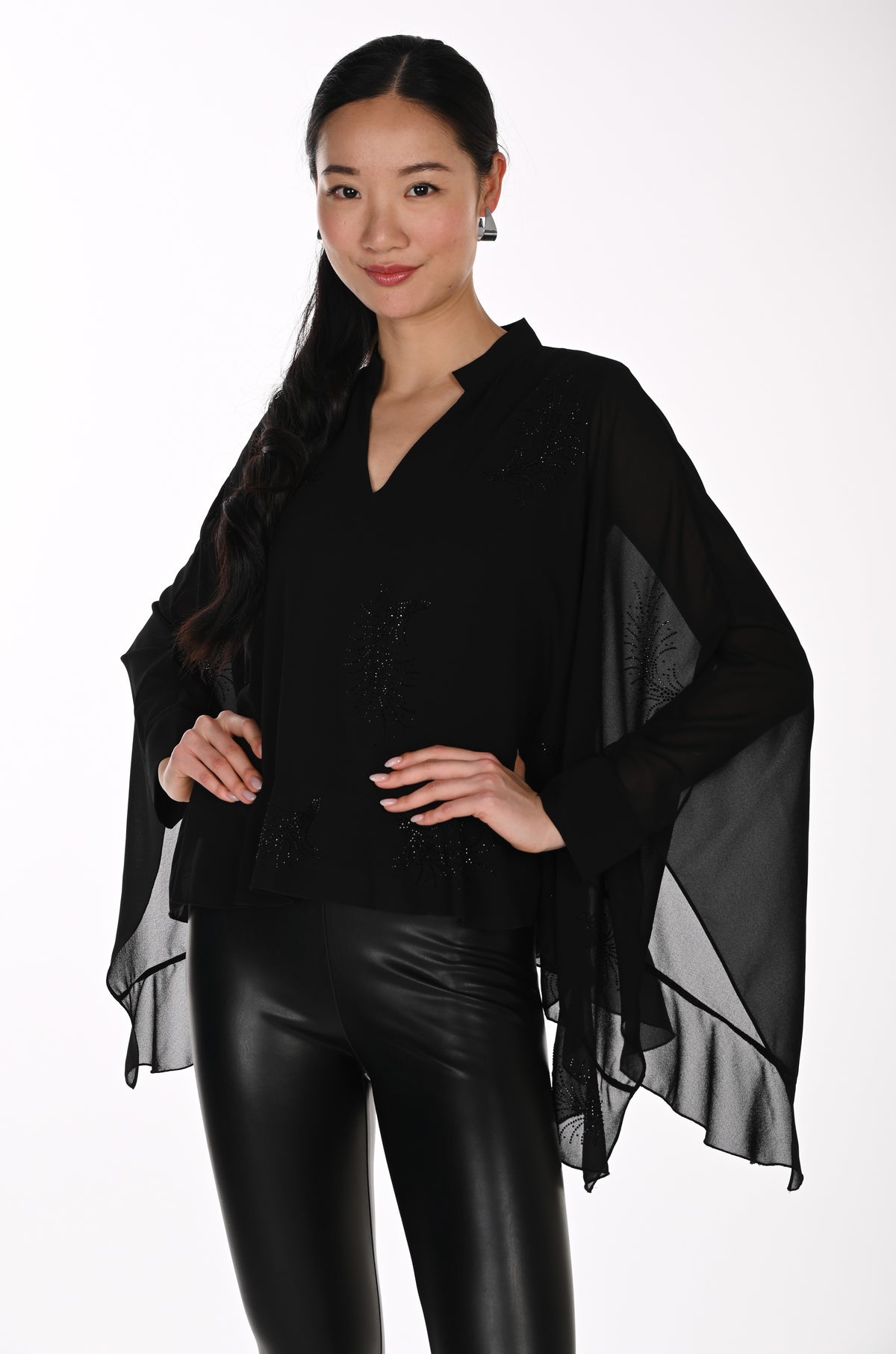 Frank Lyman Women's Cape Sleeve V-Neck Blouse 264849 – Black