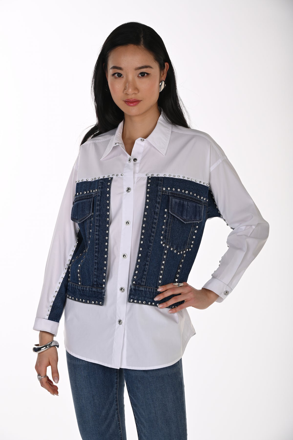 Frank Lyman Women's Denim Panel Button-Down Blouse 264850 – Off-White/Blue