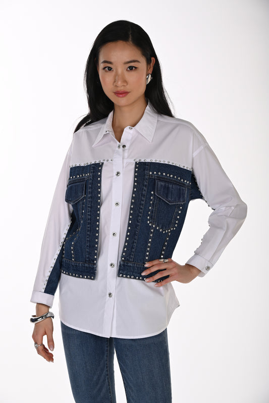 Frank Lyman Women's Denim Panel Button-Down Blouse 264850 – Off-White/Blue
