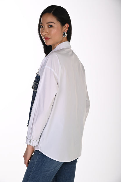 Frank Lyman Women's Denim Panel Button-Down Blouse 264850 – Off-White/Blue