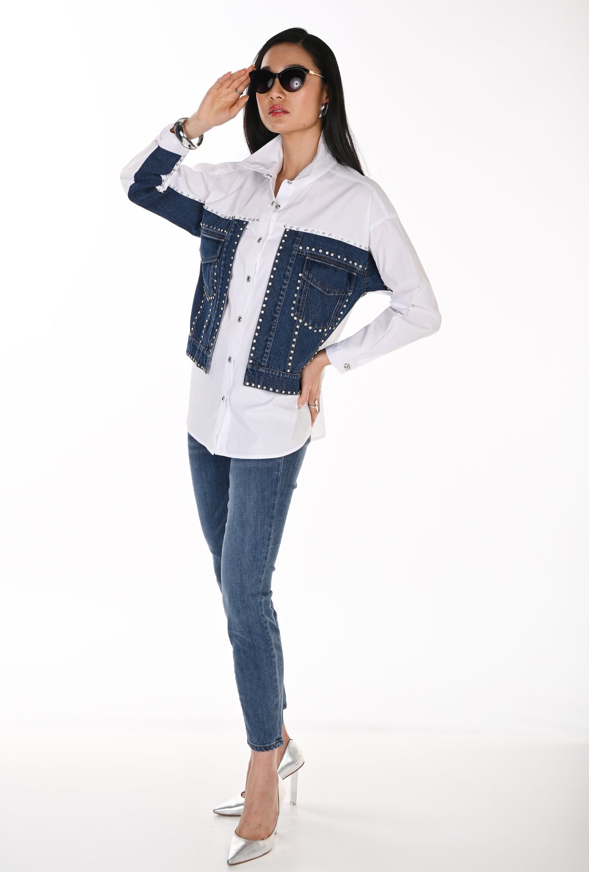 Frank Lyman Women's Denim Panel Button-Down Blouse 264850 – Off-White/Blue