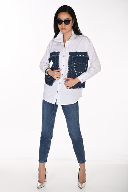 Frank Lyman Women's Denim Panel Button-Down Blouse 264850 – Off-White/Blue