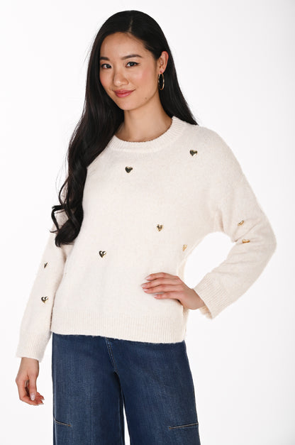 Frank Lyman Women's Metallic Heart Crew Neck Sweater 264867 – Off-White