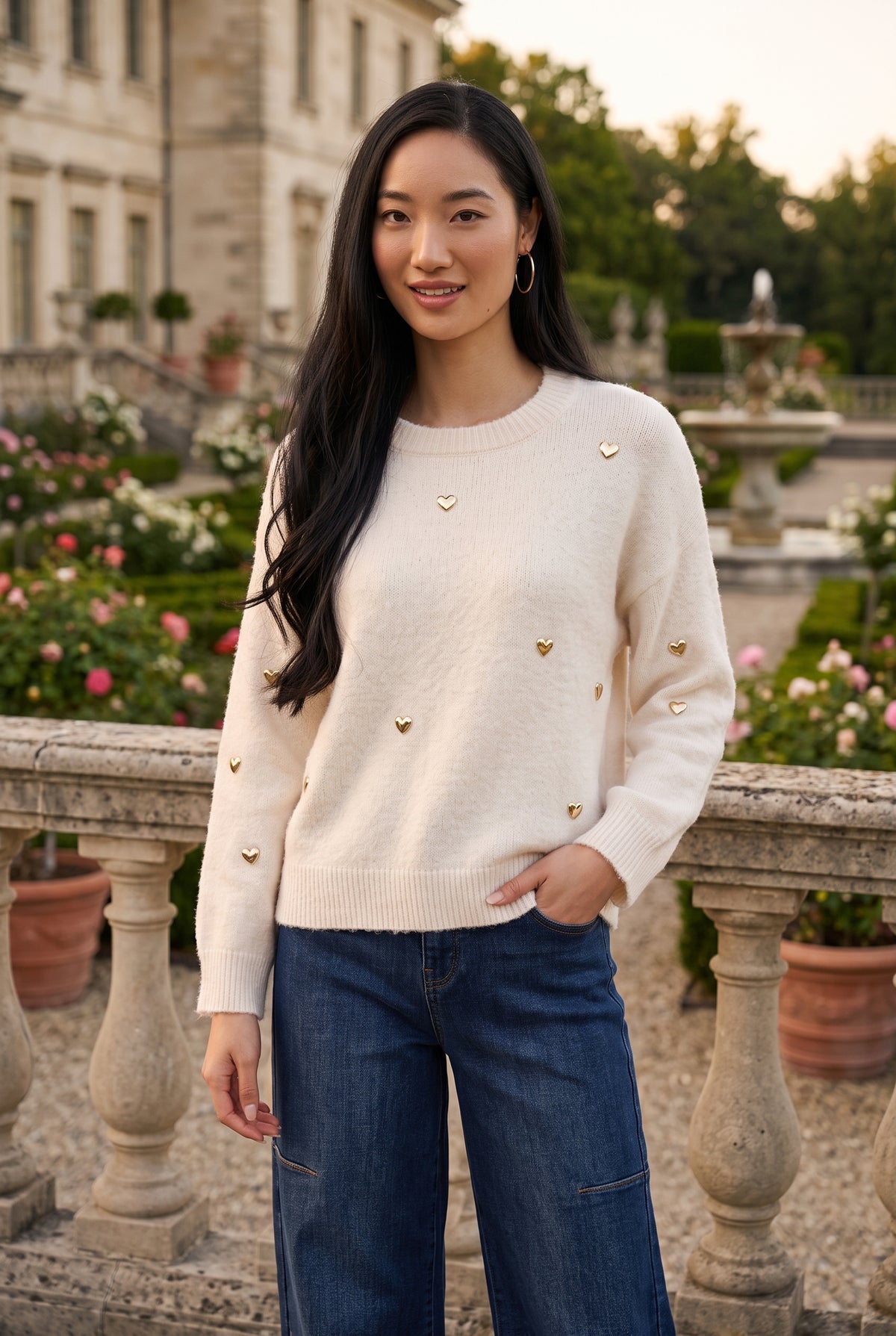 Frank Lyman Women's Metallic Heart Crew Neck Sweater 264867 – Off-White