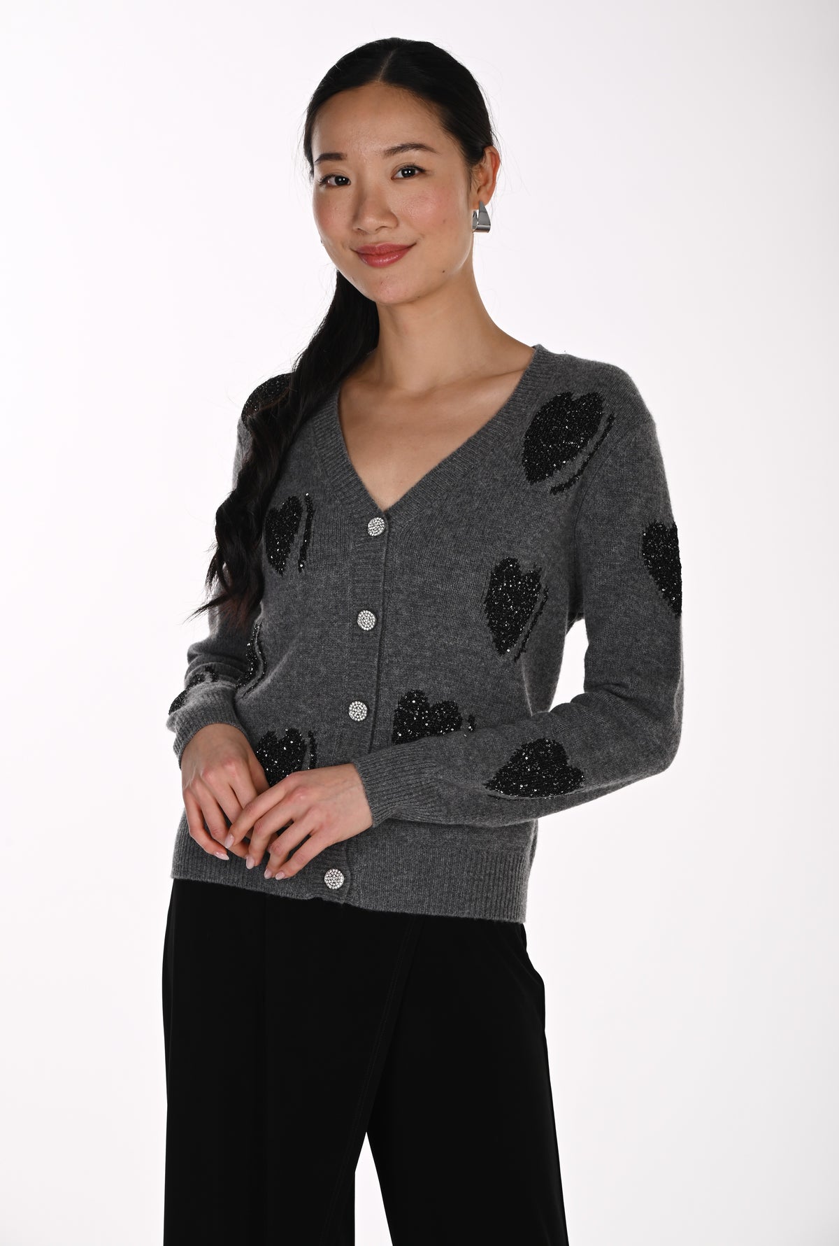 Frank Lyman Women's Heart Embellished Wool Cardigan 264868 – Grey/Black