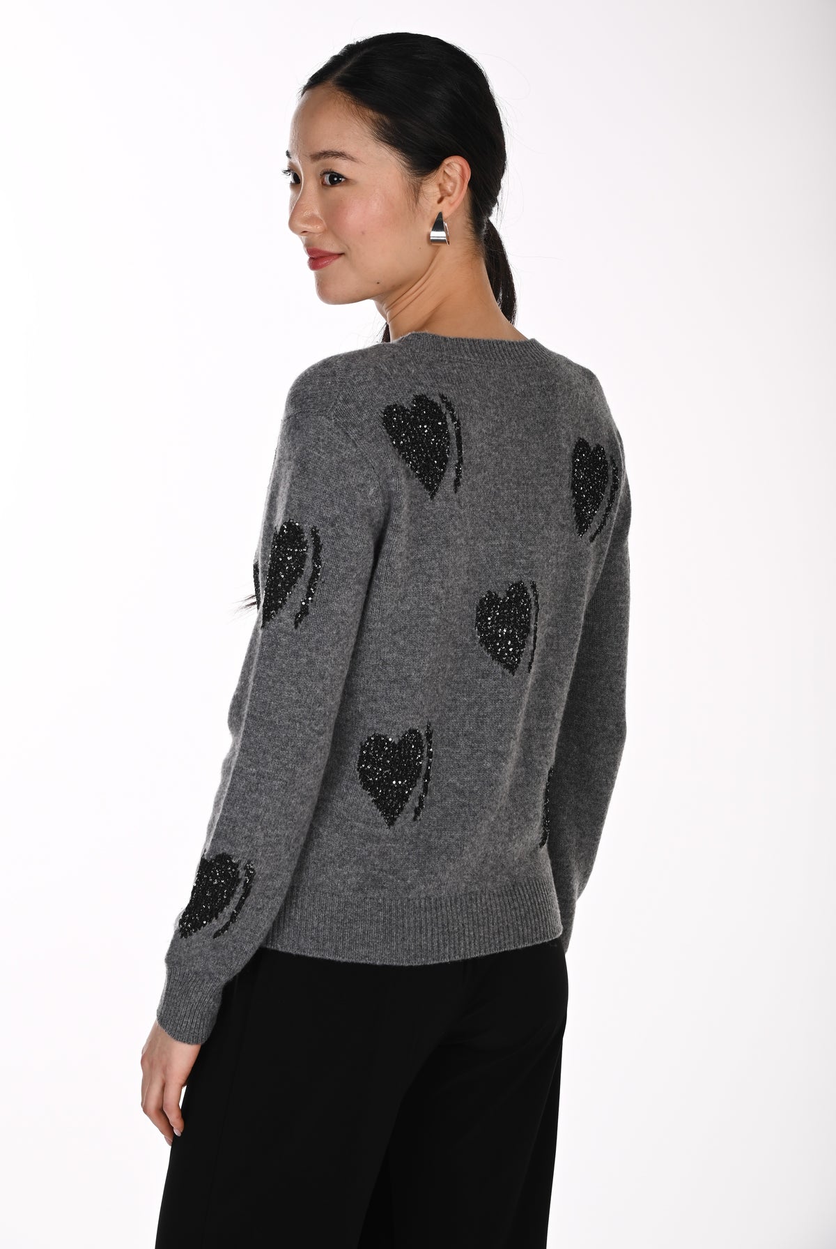 Frank Lyman Women's Heart Embellished Wool Cardigan 264868 – Grey/Black
