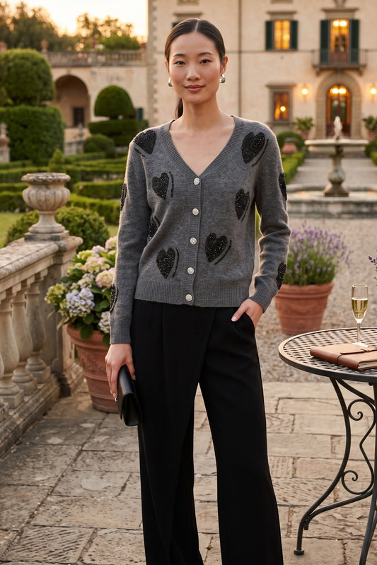 Frank Lyman Women's Heart Embellished Wool Cardigan 264868 – Grey/Black