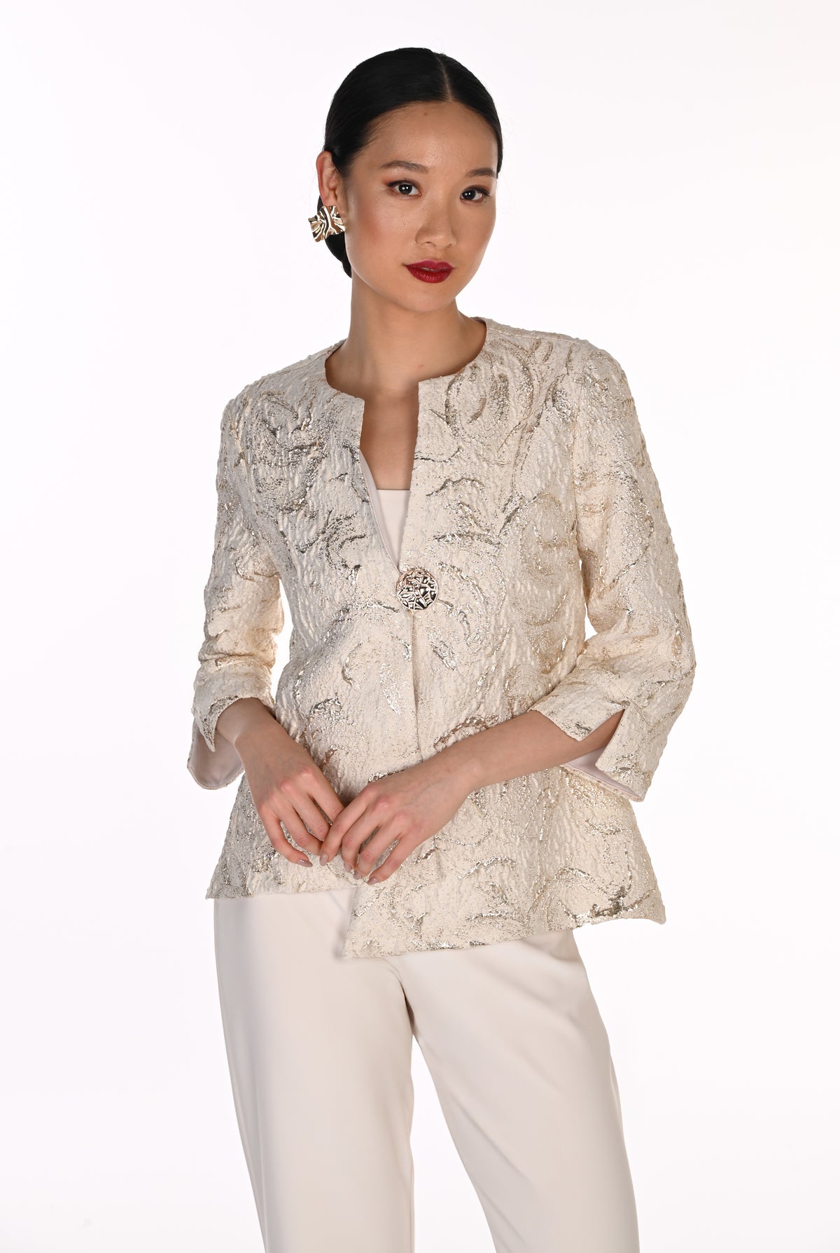 Lyman Women’s Textured Floral Metallic Jacket 269101 – Vanilla/Gold
