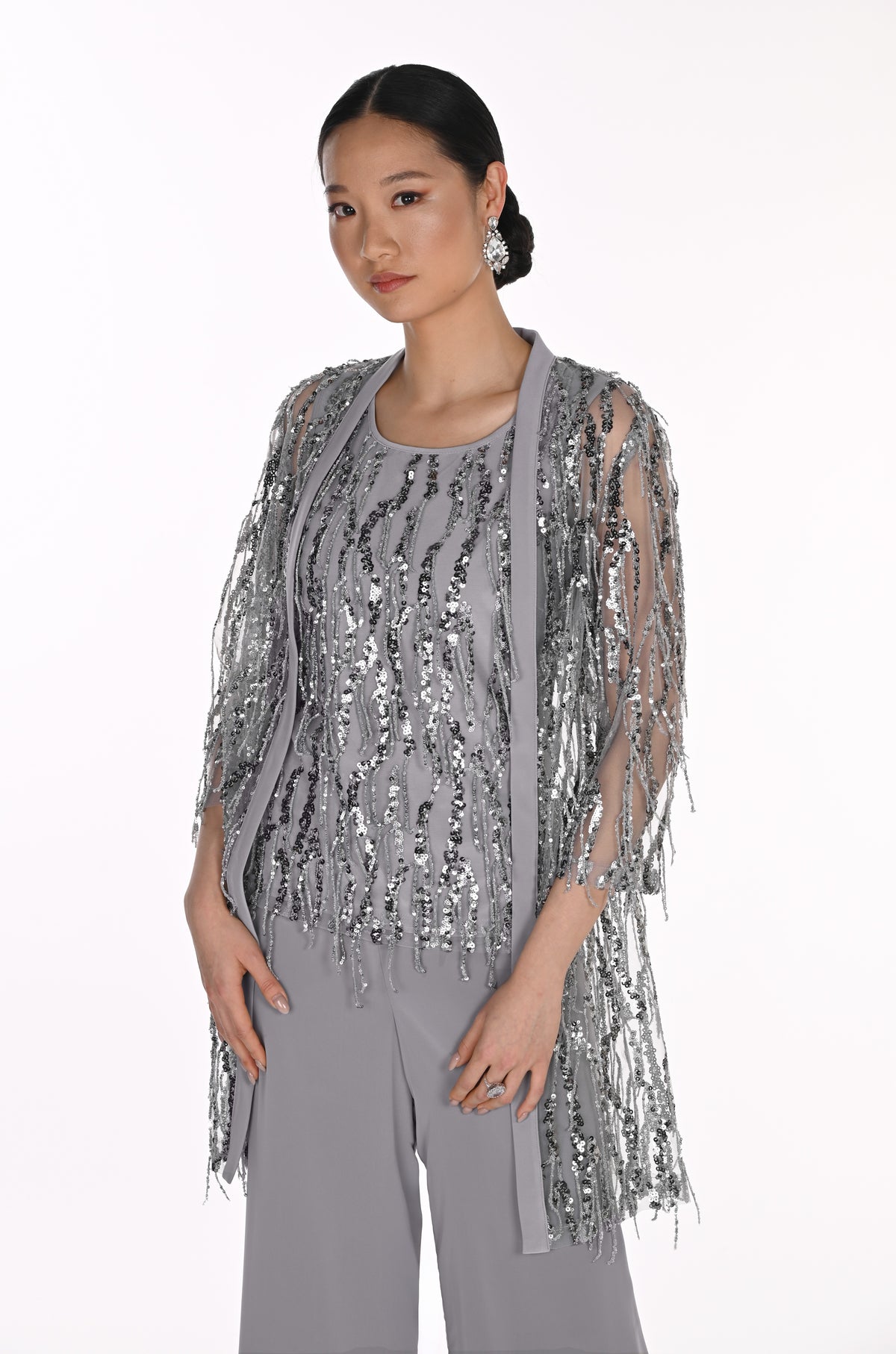 Frank Lyman Women’s Long Sequin Knit Jacket 269314 – Iceberg Grey