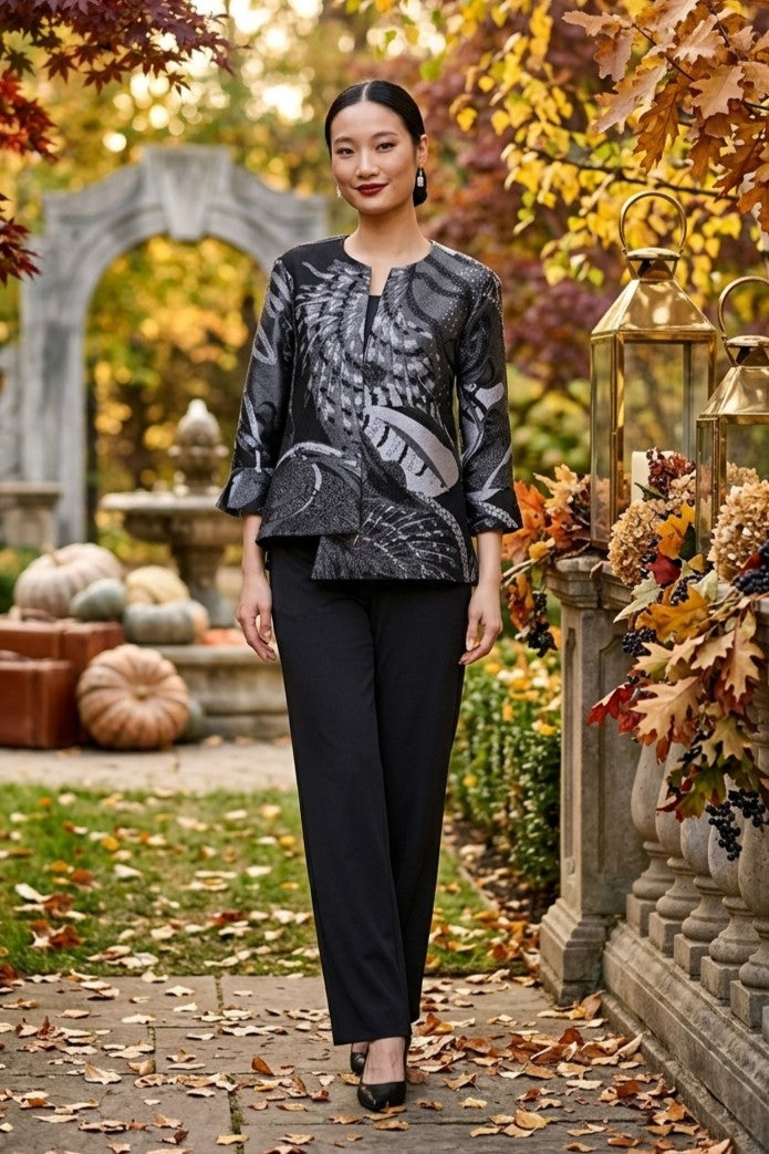 Frank Lyman Women’s Metallic Textured Woven Jacket 269373 – Black/Graphite