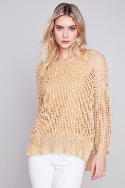 Charlie B Fishnet Crochet Sweater C2326X-029B-515 Gold